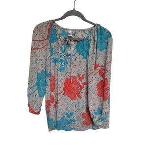 MNG by Mango Women's Floral Print Tie Neck Blouse Top Size XL